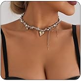 Bestleey Chunky Heart Choker Necklace for Women,Vintage Irregular Beads Clavicle Necklace Punk Style Layered Tassel Necklaces Y2K Fashion Jewellery
