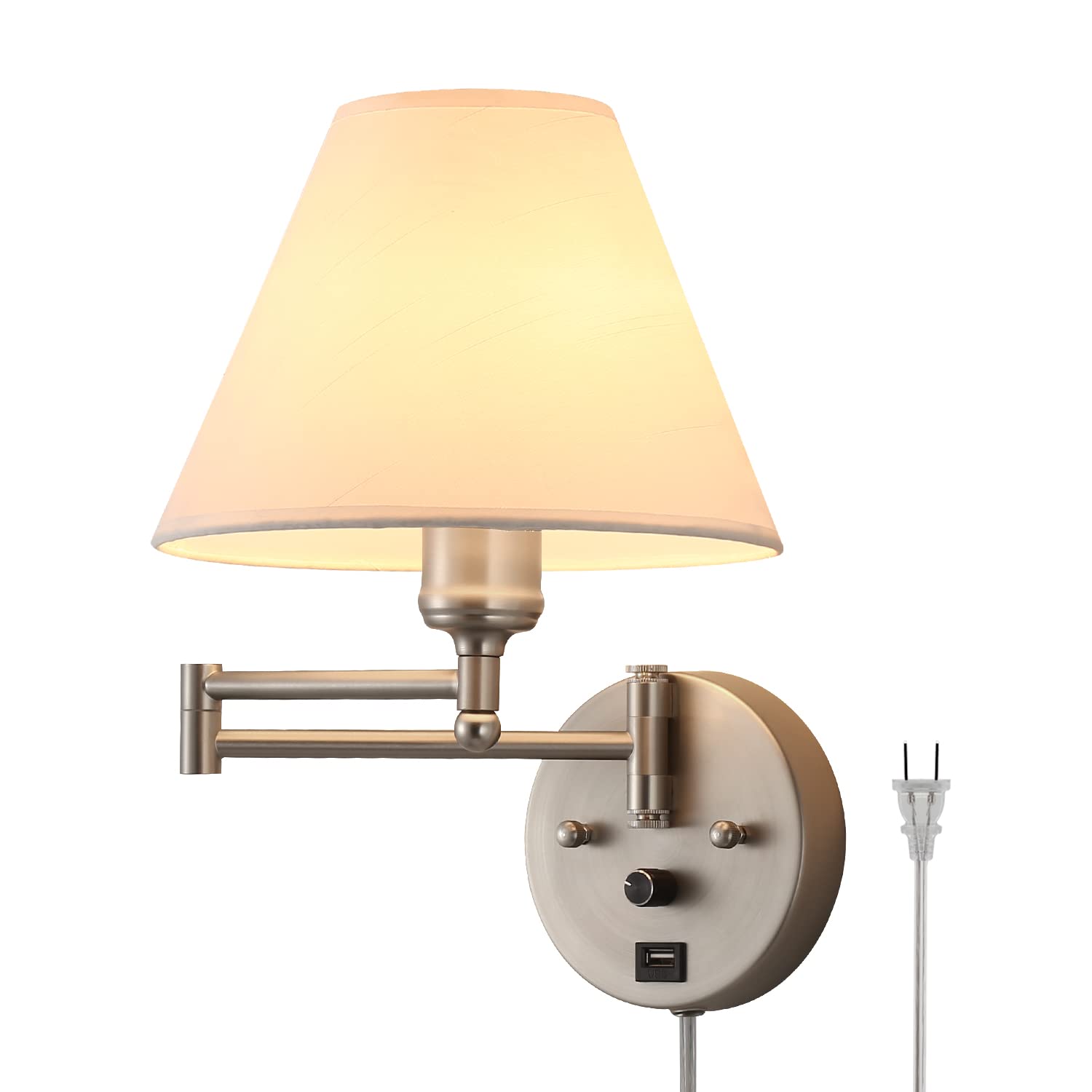 View 1 of *UNTESTED*
PFQCGU Swing Arm Wall Sconces, Plug-in Wall lamp,Bedroom Wall lamp ? White Fabric Shade??with dimmable Switch and USB Charging Port, Suitable for Bedside, Living Room, Reading (Nickel)