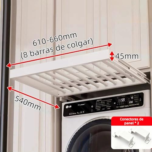 Hoconnie Hidden Washing Machine Clothes Airer Removable Clothes Airer Space Saving Soft Close Depth 540mm Width 610-660mm White