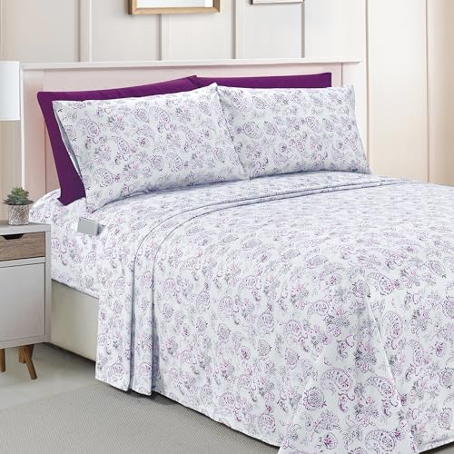 Elegant Comfort Amelia Paisley Printed 6-Piece Sheet Set, Deep Pocket 1500 Premium Hotel Quality, Fade and Wrinkle Resistant, Fitted Sheets with Smart Pockets, Paisley Sheet Set, King, Purple