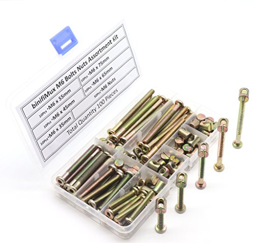 Click Here to See More Images binifiMux 50 Set(100Pcs) M6 Furniture Barrel Nut Bolt Assortment Kit, Hex Socket M6 x 35mm, M6 x 45mm, M6 x 55mm, M6 x 65mm, M6 x 75mm Assorted Crib Bolt Barrel Nut