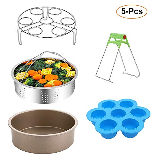 E-Gtong Pressure Cooker Accessories Set Fits 6, 8 QT, 5-Pieces Value Pack Included Stainless Steel Steamer Basket, Non-Stick Cake Pan, Egg Bites Molds, Egg Steamer Rack and Dish Clip
