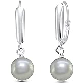 Sterling Silver Freshwater Cultured Semi-Round White Pearl Leverback Dangle Earrings for Women