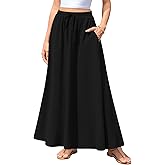 Aodemo Women's Flowy Maxi Skirt Summer Boho Pleated Elastic Waisted Casual Beach Long Skirts with Pockets