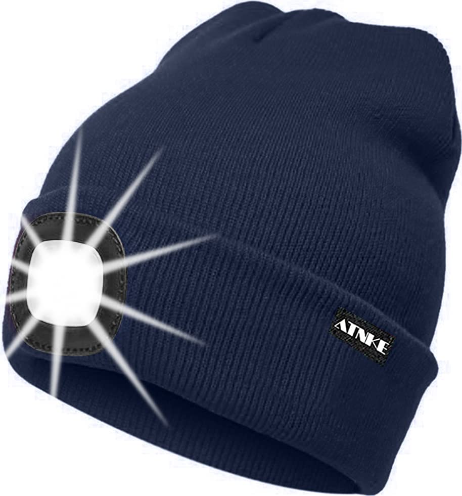 ATNKE LED Lighted Beanie Cap,USB Rechargeable Running Hat Ultra Bright 4 LED Waterproof Light Winter Warm Gifts for Men and Women/Light Navy Blue
