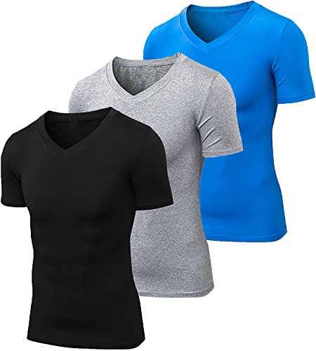 Lavento Men's Cool Dry Compression Shirts V-neck Short-sleeve Workout T-Shirts (3 Pack-V neck Black/Heather gray/Blue,Large)