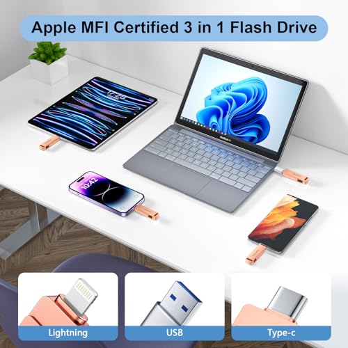 (No APP Required) MFi Certified iPhone Photo Stick, USB Flash Drive 512GB for Photo/Video Backup, 3 in 1 iPhone Memory Stick, High-Speed Thumb Drive Compatible for iPhone/iPad/Android/PC Pink