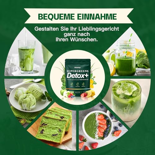 Green Detoxification Powder, Superfood Powder Helper, 200 g Green Powder Helper with Matcha, Blueberries, Barley Grass, Fibre Rich & Vegan, Natural Plant Powder for Nutrition & Everyday Life & Fibre