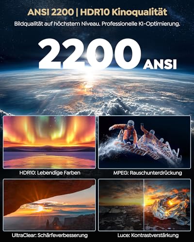Projector 4K with Google TV 14.0, 2200 ANSI, MEMC, HDR10, 40W Dolby Audio, 4K Projector Home Cinema AI Image Adjustment Smart Projector Google Voice Control 2-Way Bluetooth 5.4 WiFi 6 2+32GB HDMI 2.1