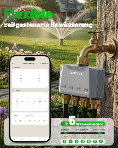 Unistyle Irrigation Computer WLAN 4 Outputs | New Edition 2026 - App Control, 5 Watering Plans, Precise Control, Alexa Voice Control, Automatic Watering for Garden & Plants