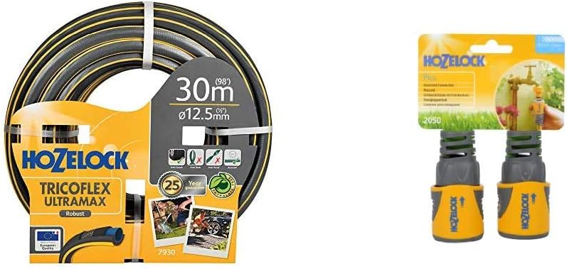 Hozelock Trico Flex Ultra Max Anti-Crush 30 m Hose & HOZ2050AV Hose End Connector PLUS (12.5mm & 15mm) Twin Pack