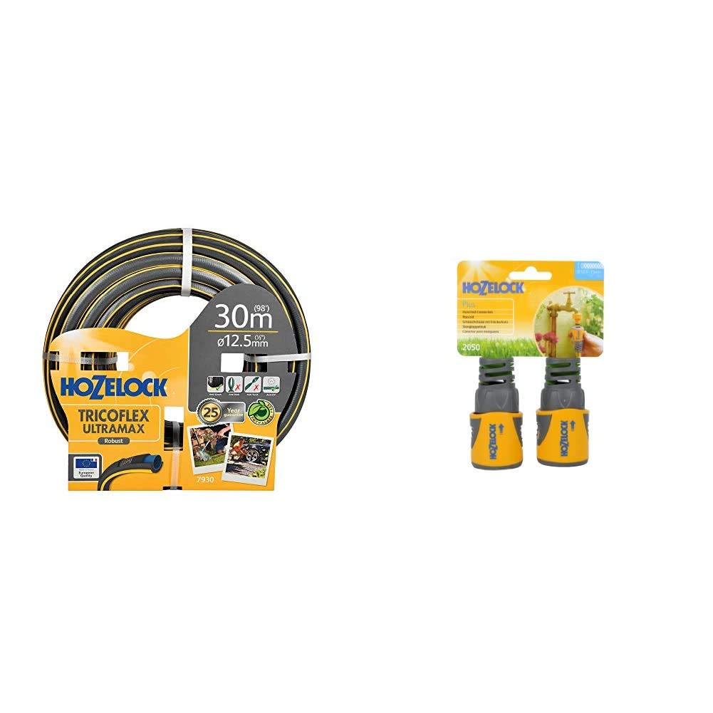 Hozelock Trico Flex Ultra Max Anti-Crush 30 m Hose & HOZ2050AV Hose End Connector PLUS (12.5mm & 15mm) Twin Pack