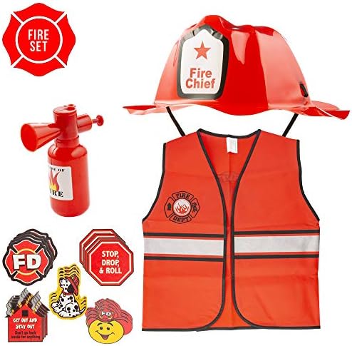 FAVONIR Kids Firefighter Dress Up Costume – Chief Hat – Vest - Extinguisher Water Cans Sprayer - FD Temporary Tattoos - for Birthday Parties and Pretend Play Novelty