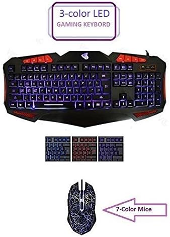 HDStars Gaming Keyboard and Mouse Combo Bundle. Tri Color Illuminated Keyboard Blue, Red, Purple, - 7 Color LED Mouse for Microsoft Windows 10, 8.1, 8, 7, Vista, XP or Mac Os, X Series