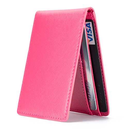 Ultra Slim Mini Size Wallet ID Window Card Case with RFID Blocking - Cross-grain Hot Pink