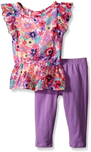 Kidtopia Little Girls' All Over Floral Peplum Bottom Chiffon Top with Legging Tunic, Lavender, 5/6