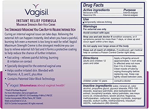 VAGISIL MAXIMUM STRENGTH FEMININE ANTI-ITCH CREAM WITH BENZOCAINE FOR WOMEN, HELPS RELIEVE YEAST INFECTION IRRITATION, GYNECOLOGIST TESTED, FAST-ACTING, SOOTHES AND COOLS SKIN, 1 OZ