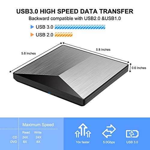 External CD Drive, Snorain USB 3.0 CD/DVD+/-RW Burner Player, Optical Superdrive High Speed Data Transfer for Laptop MacBook Desktop Computer Compatible for Windows10 /8/7/XP/Mac OS (Silver) - Thumbnail 4
