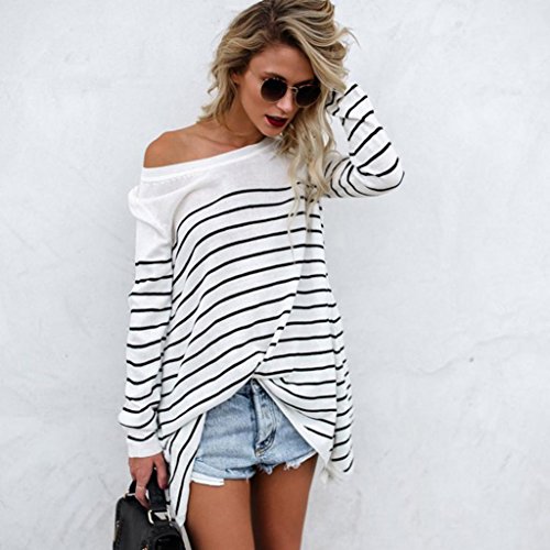 BSGSH Women's Blouses Round Neck Striped Long Sleeve T Shirt Casual Loose Tunic Tops (S, White)