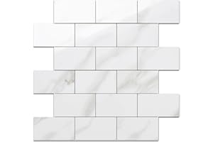 DICOFUN Polished White Marble Peel and Stick Backsplash Wall Tiles, 12"x12" Thick PVC Subway Tile for Kitchen Backsplash, 10 Sheets