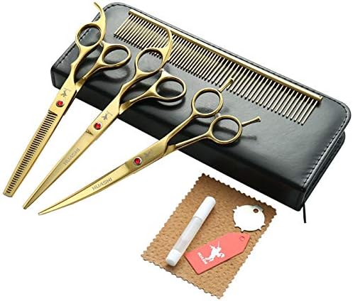 LCPET Dog Grooming Scissors Stainless Steel Cutting Thinning Curved Shears with Pet Grooming Comb Pet Hair Trimming Dog Scissors Set for Dogs and Cats, Gold