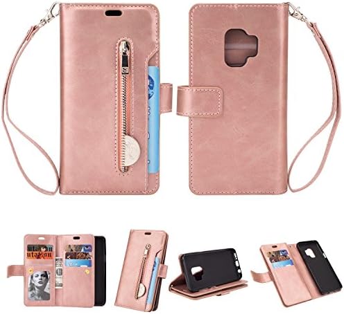 Galaxy S9 Wallet Case, Leather [9 Card slots] [photo &amp; wallet pocket] (Rose Gold)