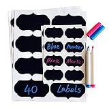 40 PCS Reusable Chalkboard Labels Stickers by Beeasy with 2 Erasable Liquid Chalk Marker ( Blue & Pink) for Office Home Kitchen's Jars Canisters and Storage