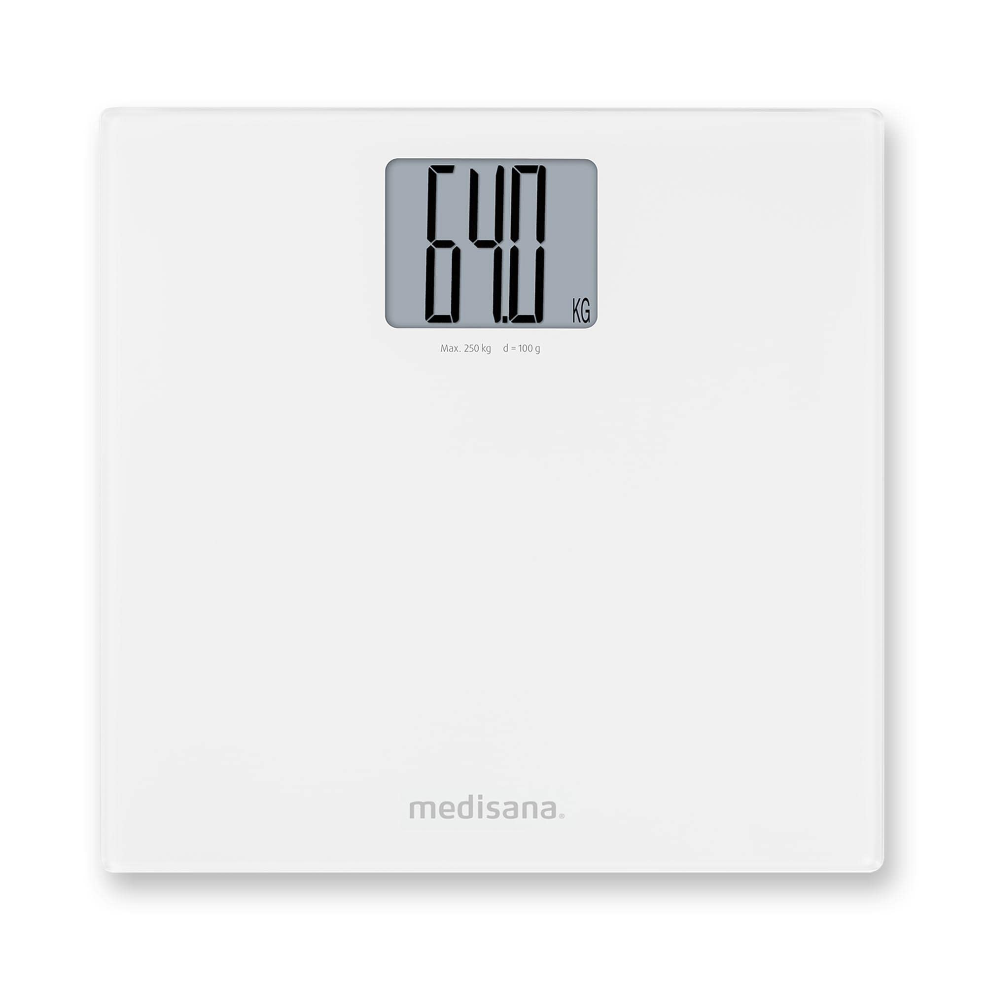 Medisana PS 470 XL glass personal scale, digital bathroom scales with extra-large 71 mm display, safety glass platform, step-on activation, up to 250 kg