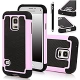 Galaxy S5 MINI Case, E LV Galaxy S5 MINI Case - Shock-Absorption / High Impact Resistant Hybrid Dual Layer Armor Defender Full Body Protective Case Cover for Samsung Galaxy S5 MINI SM-G800 with 1 Stylus and 1 E LV Microfiber Digital Cleaner (Baby Pink)