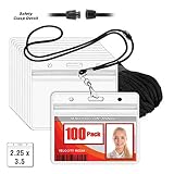MIFFLIN Safety Lanyards with Horizontal ID Name Badge Holders (Black, 2.25x3.5 Inch, 100 Pack), Clear Plastic Pouch with Soft, Detachable Lanyard