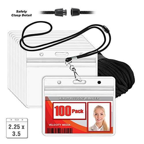 MIFFLIN Safety Lanyards with Horizontal ID Name Badge Holders (Black, 2.25x3.5 Inch, 100 Pack), Clear Plastic Pouch with Soft, Detachable Lanyard