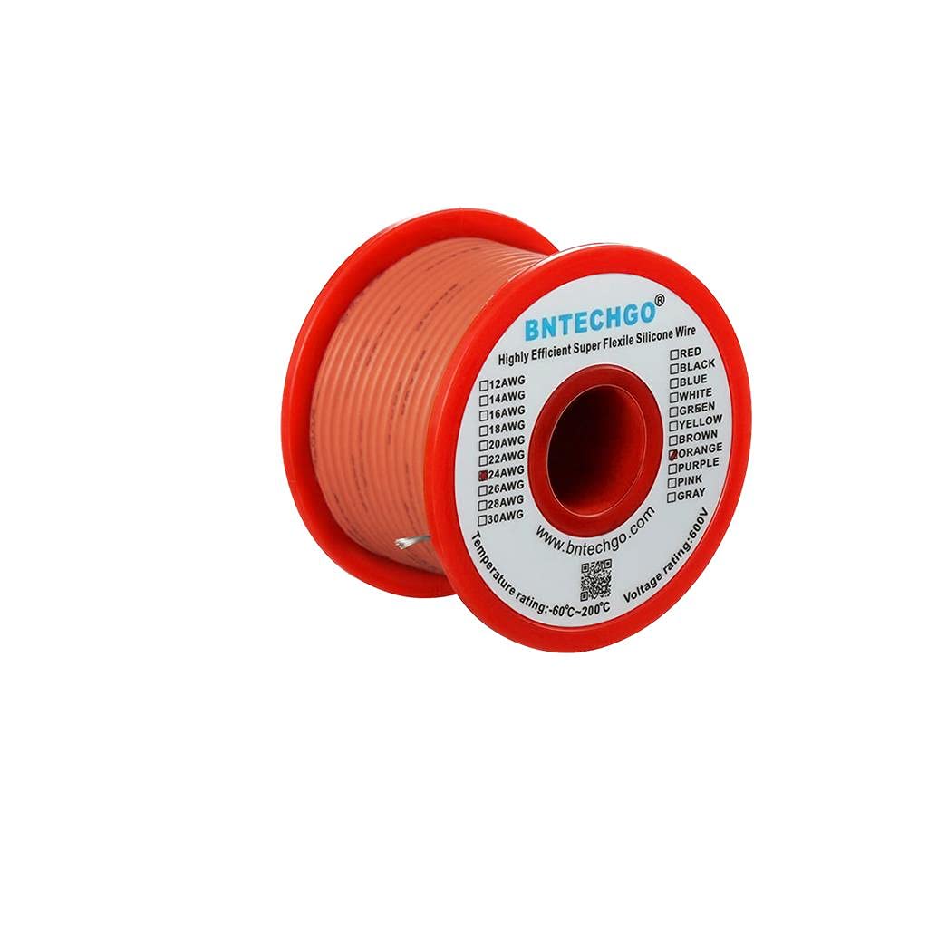 BNTECHGO 24 Gauge Silicone Wire Spool Orange 50 ft Ultra Flexible High Temp 200 deg C 600V 24 AWG Silicone Rubber Wire 40 Strands of Tinned Copper Wire Stranded Wire for Model Low Impedance