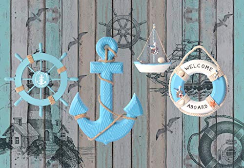 Wooden Nautical Lighthouse Anchor Wall Hanging Ornament, Beach Wooden Boat Ship Steering Wheel Wall Decor, Nautical Life…