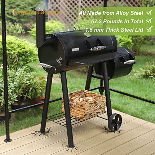 Captiva Designs Charcoal Grill with Offset Smoker, All Metal Steel Made