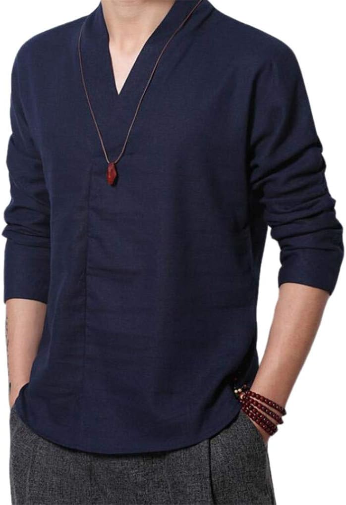 Cafuny Men's Casual Long Sleeve Solid Gentle Style Natural Linen Henley Popover Shirt