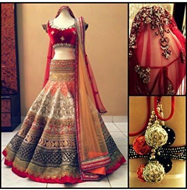 Ramapir Fashion Women's Latest Red And Off Whites Beautiful Designer Lahenga Choli Velvet blouse &amp; net Duppatta