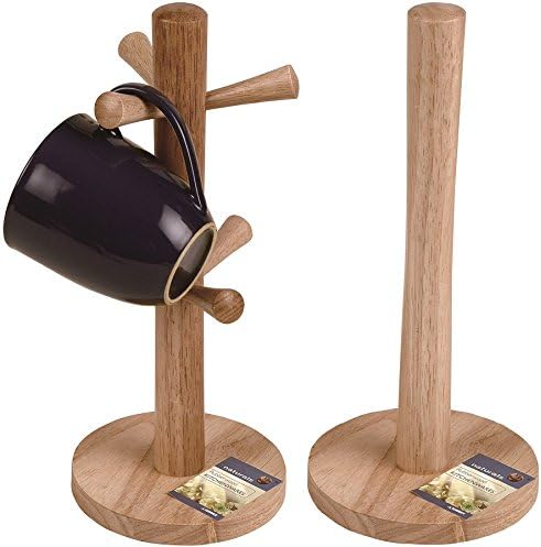 Deco Trading New Set of Wooden Lightweight & Strong Rubber Wood Kitchen Mug Tree 6 Cup Holder Mugtree Stand & Kitchen Towel Paper Roll Holder Stand