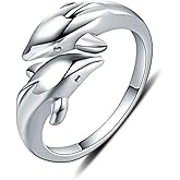 Kokoma Double Dolphins Ring 925 Sterling Silver Adjustable Statement Rings Open Wrap Thumb Finger Band Promise Rings for Women