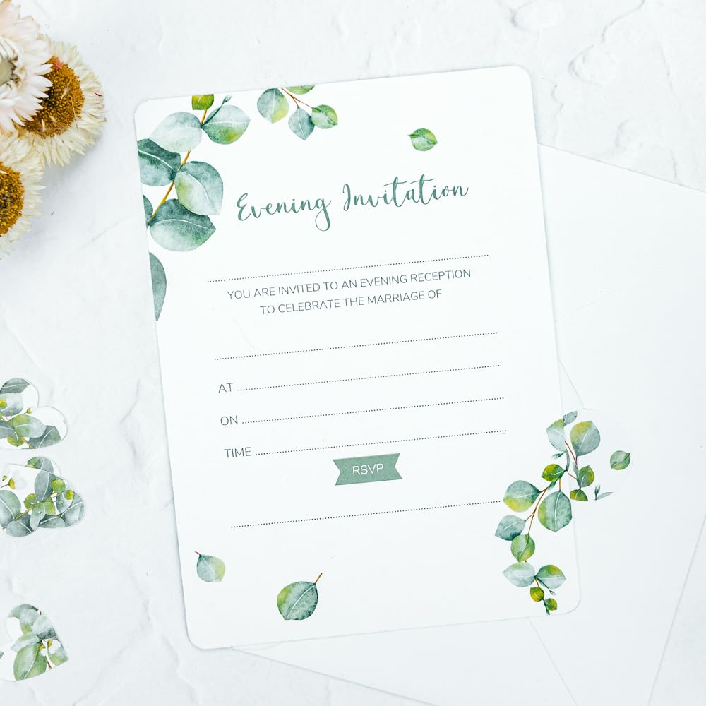 Dotty about Paper Eucalyptus - Evening Invitations - Pack of 10. Contemporary, Modern, Greenery, Floral, Minimalist. Perfect for Friends and Family, Envelopes Included. (16 0015)
