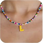 JASZTHES Initial Necklace for Women, Cute Colorful Beaded Necklaces, Gold Bubble Letter Choker Necklace, Summer Beach Boho Necklaces, Trendy Personalized Valentine's Day Jewelry Gifts