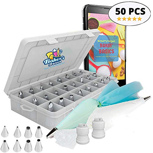 Baker's Dozen Premium Cake Decorating kit 50pcs.Cake Decorating Supplies/Baking Supplies-36pc Piping Tips(unnumbered),Silicone pastry bag,Icing tips Coupler,BONUS x10 Piping Bags,eBook Cake Decorating