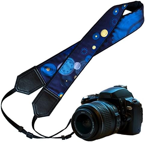 Original design camera strap. Abstract blue DSLR / SLR Camera Strap with sprockets. Durable, light weight and well padded camera strap. code 00207