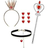 5pcs Halloween Queen Costume Accessories Set Including Gem Scepter Gold Crown Red Heart Necklaces Heart Ear Pendants for Women'S Party Accessories