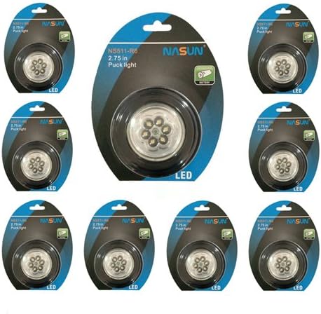 NASUN (1-Pack 9Sets) LED Puck Light, Wireless Battery - Operated, 6-LED Closets Cabinets Light, Push Light Stick-on Anywhere for Kitchen, Storage Room, Hallway, Attics, Bedroom, Bookshelf (Black)