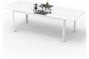 DOMI OUTDOOR LIVING Domi Patio Dining Expandable Table, Metal Aluminum Outdoor Table for 6-8 Person Rectangular Table for Porch Lawn Garden Bistro (Ivory White)