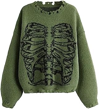 Unisex Long Sleeve Sweater Harajuku Skeleton Bone Print Ripped