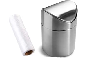 ZHOUWHJJ Mini Countertop Brushed Stainless Steel Swing Lid Trash Can Set, Come with Trash Bag, 1.5 L / 0.40 Gal, Multiple Color Options, Silver