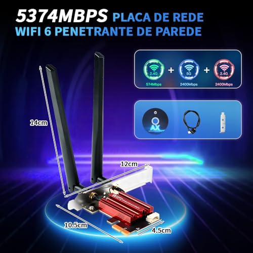 Placa de Rede Wifi, Wireless WiFi 6E, Wi-Fi 6 Bluetooth 5.3, Placa Wifi 5374Mbps Bluetooth 5.3 Win10