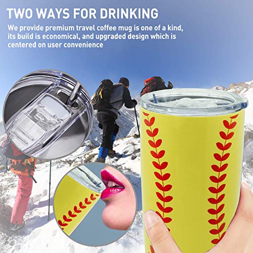 Yoelike Softball Tumbler 20oz Stainless Steel Double Wall Vacuum Insulated Cup with Straws, Splash Proof Lids, Mug Clean Brush, Tips for Fan Coaches Mom Men Sports Travel, Keep Drinks Cold and Hot