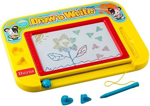 Buyus Mini - Travel Size Erasable Imaginarium Color Magnetic Drawing Board (Magna Doodle) for Kids/Toddlers/Babies with 2 Stamps and 1 Pen (Yellow/Red/Blue)